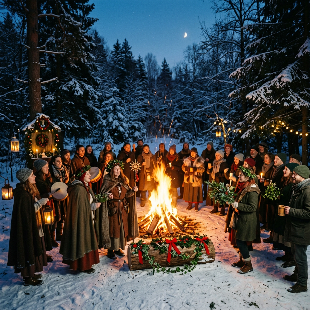 People dressed in warm, traditional clothing standing around a large bonfire in a snowy forest at night