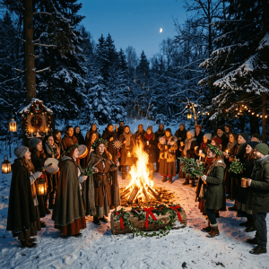 People dressed in warm, traditional clothing standing around a large bonfire in a snowy forest at night