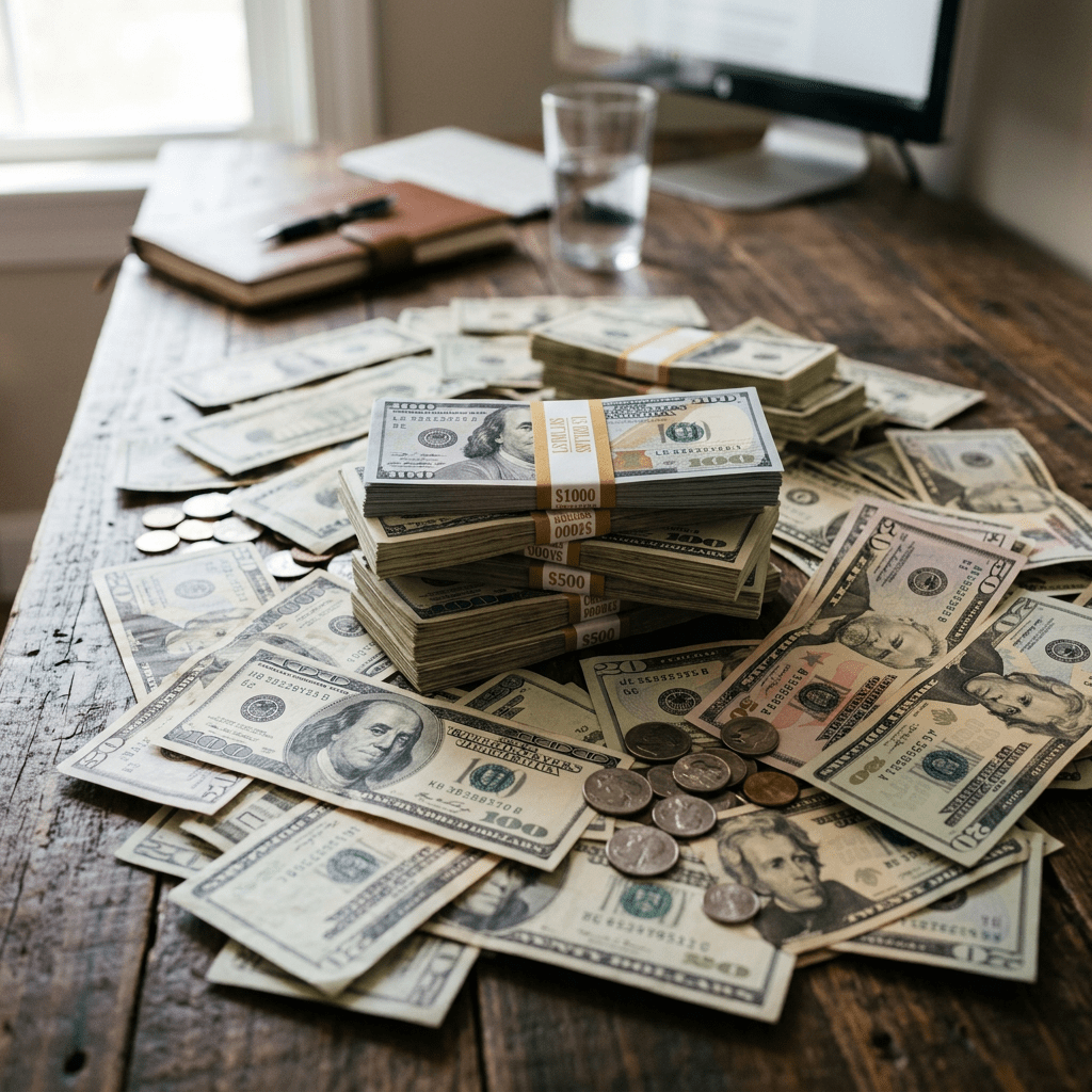 Stacks and scattered US dollar bills and coins on wooden table