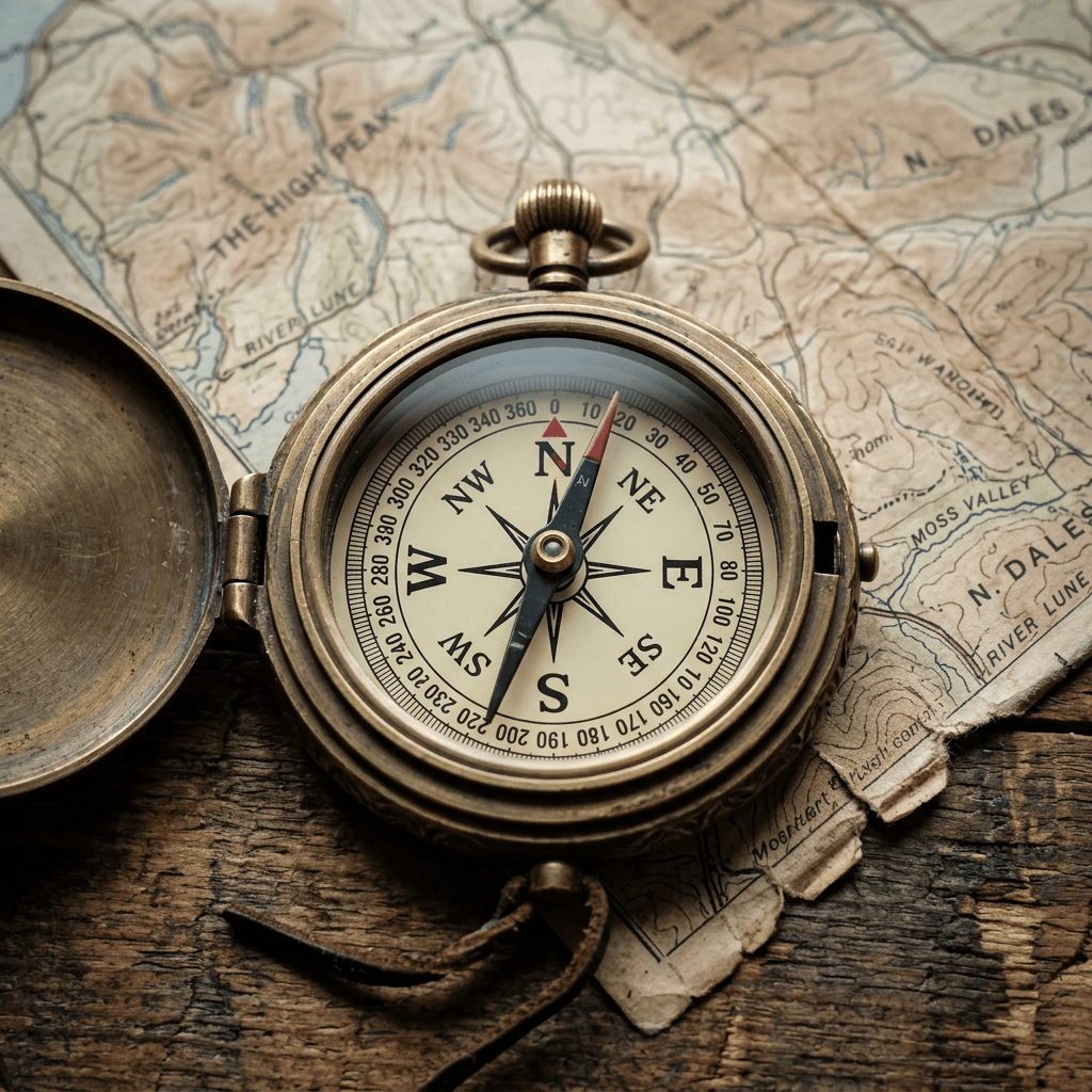 Antique brass compass pointing north on a detailed old map