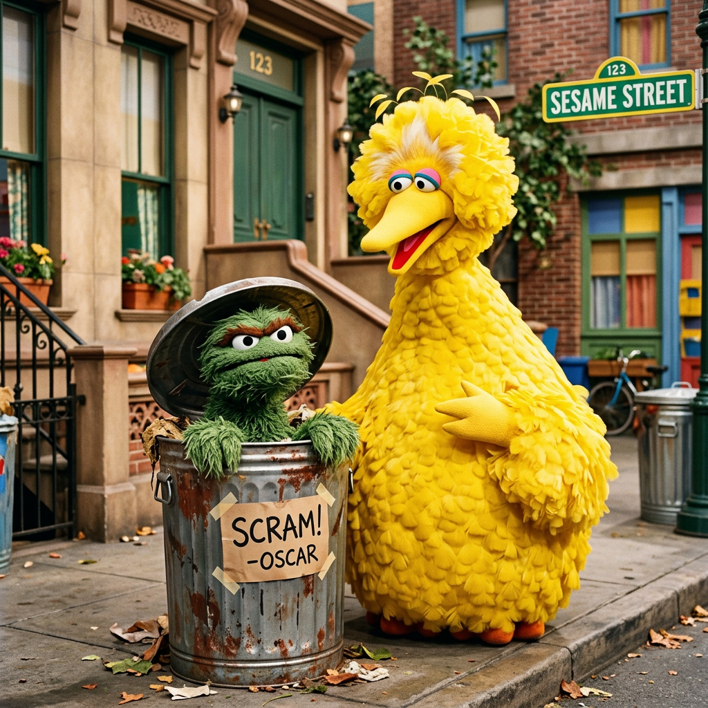 Oscar the Grouch in a trash can with a sign reading 'SCRAM! - OSCAR' and Big Bird standing beside him