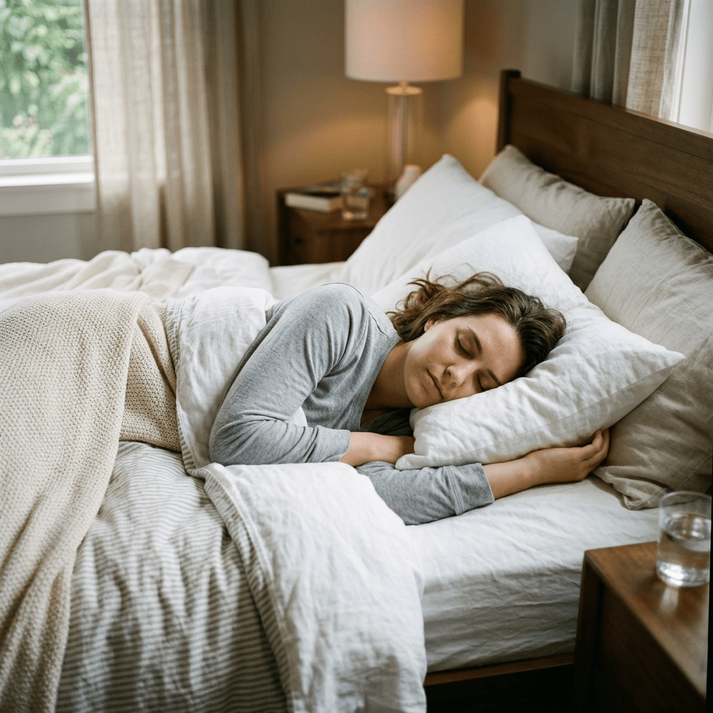 Woman sleeping peacefully on her side in a neatly made bed with white and beige bedding