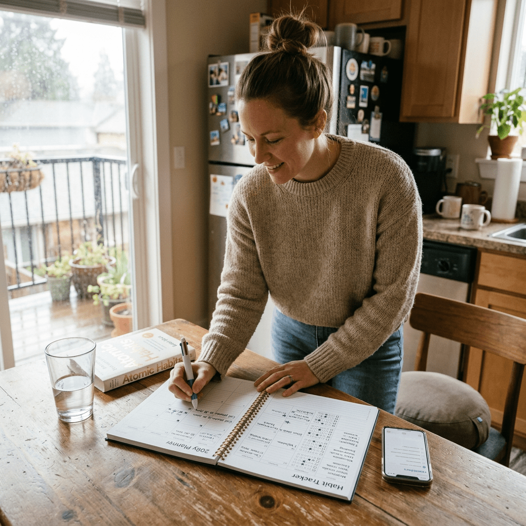 Woman writing in a habit tracker and planner on a wooden table at home