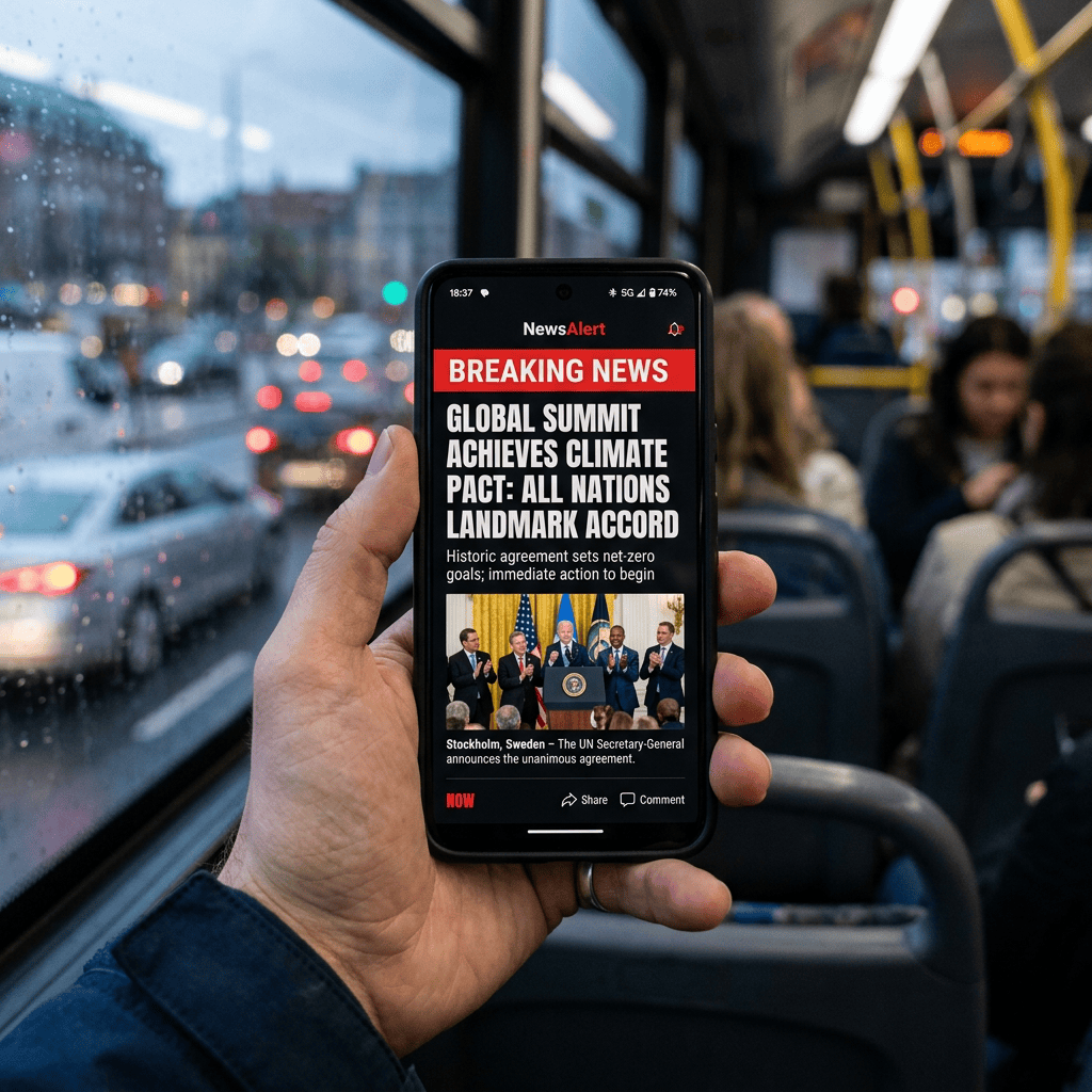 Smartphone showing breaking news of global summit climate pact agreement